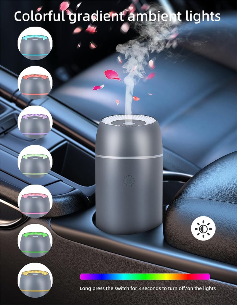 szyuwolf مرطب هواء محمول صغير بالموجات فوق الصوتية - 100 مل مرطب عطر USB مع 7 ألوان من أضواء LED، هيكل من سبائك الألمنيوم المحسن للاستخدام في المنزل، المكتب، غرفة النوم، السيارة والمساحات الصغيرة (رمادي) - Image 5